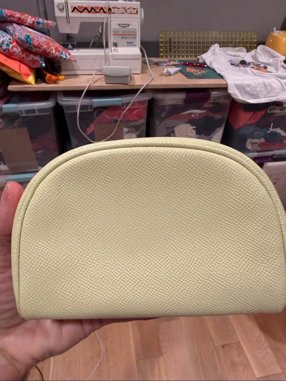 Coach Light Yellow Leather Cosmetic Pouch with Silver Logo